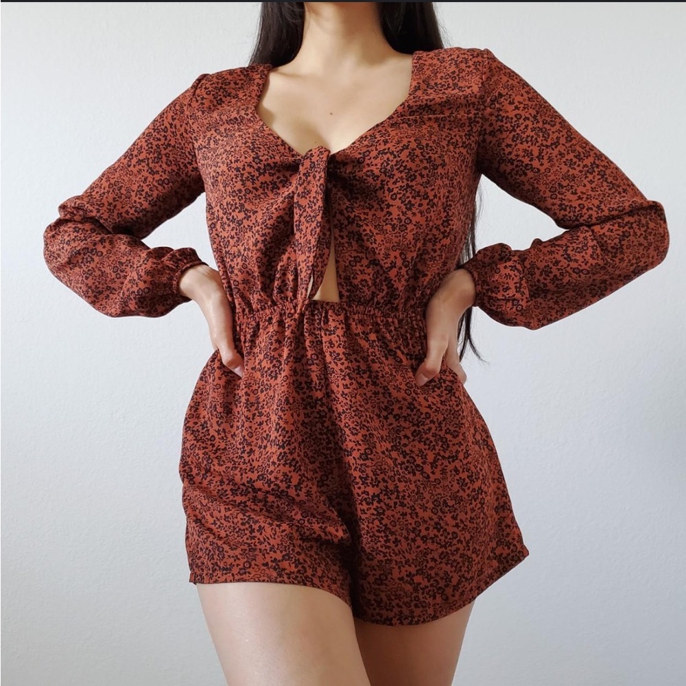 Red Floral Long Sleeve Cut-out Romper